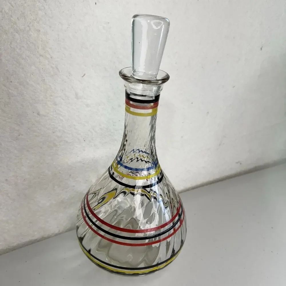 Anchor Hocking Depression Glass Decanter & Stopper Red Yellow Black Banded Rings